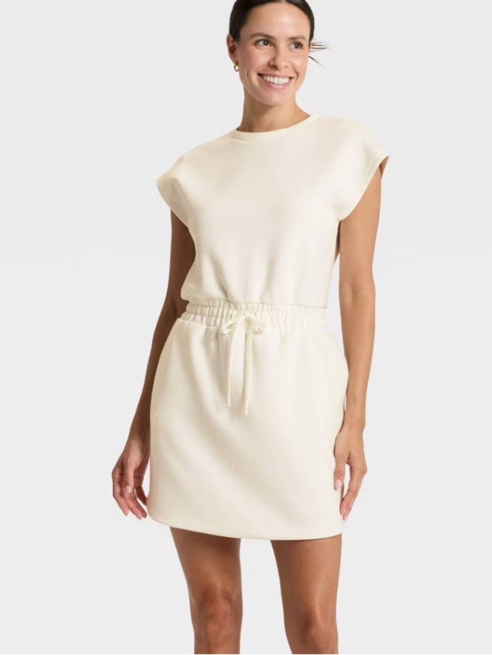 ALL IN MOTION Creamy White Drawstring Waist Cap Sleeve Dress L NWOT